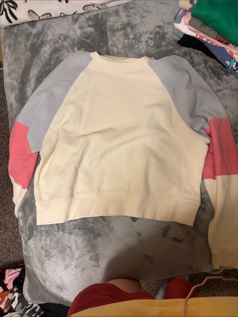 Thread & Supply Cream Crewneck Sweater with Pink and Light Blue Raglan Sleeves